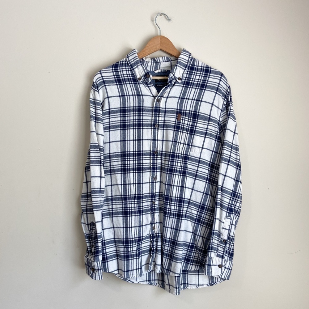 Chaps Cozy Navy and White Flannel Button Down Shirt